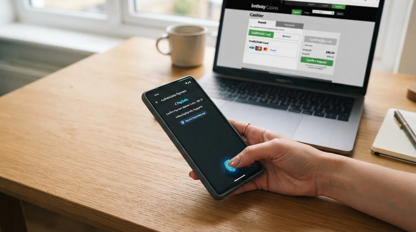 Pantalla de cajero de un casino online con la opción de tarjeta VISA seleccionada y un teléfono mostrando la autenticación por huella dactilar de CaixaBank Pay