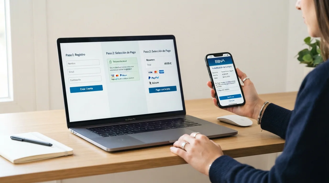 Secuencia simplificada en tres pasos de la pantalla de un casino online: registro, selección de tarjeta en el cajero y confirmación 3D Secure en el móvil