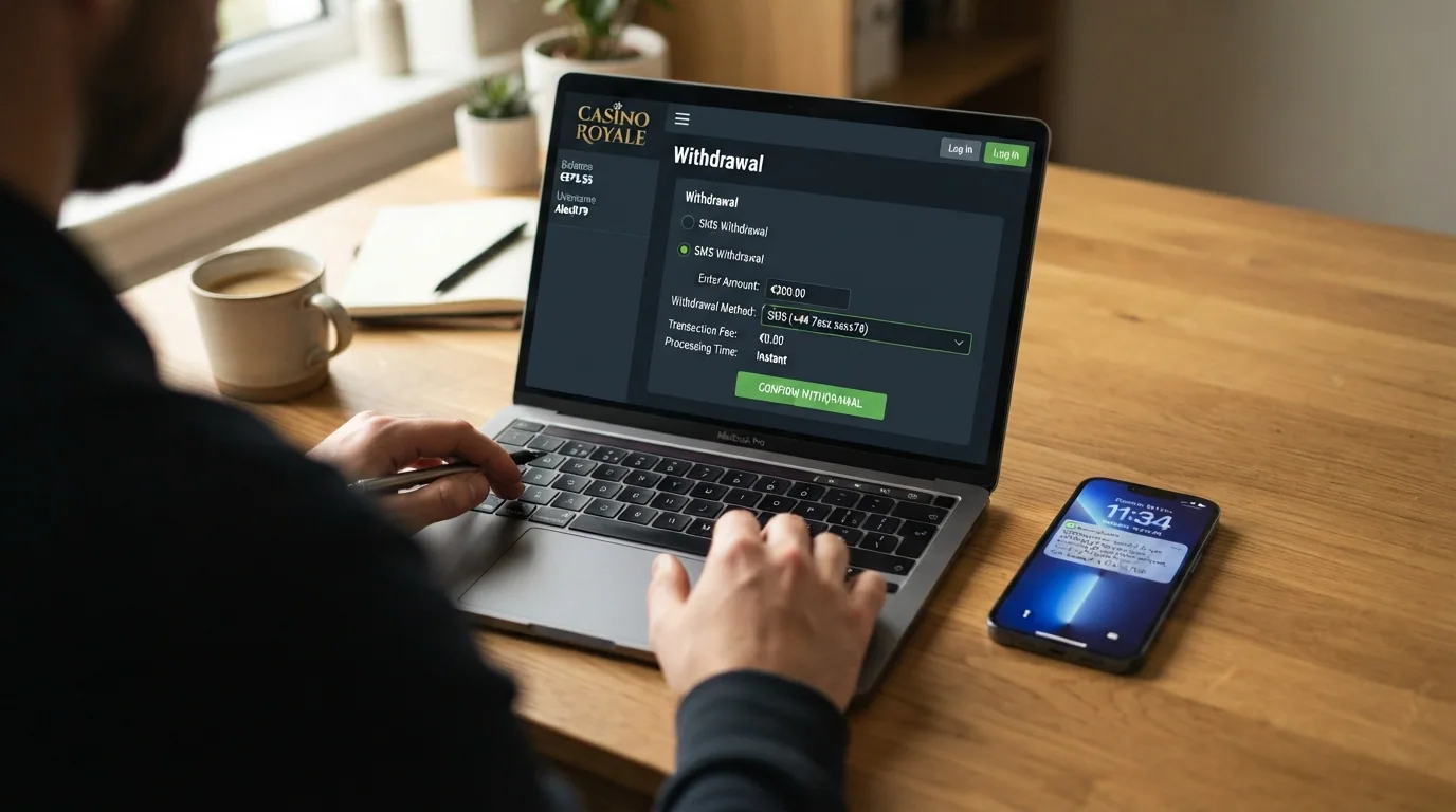 Pantalla de un casino online mostrando la sección de retirada con la opción HalCash seleccionada y un importe de 200€ junto a un móvil con un SMS de confirmación