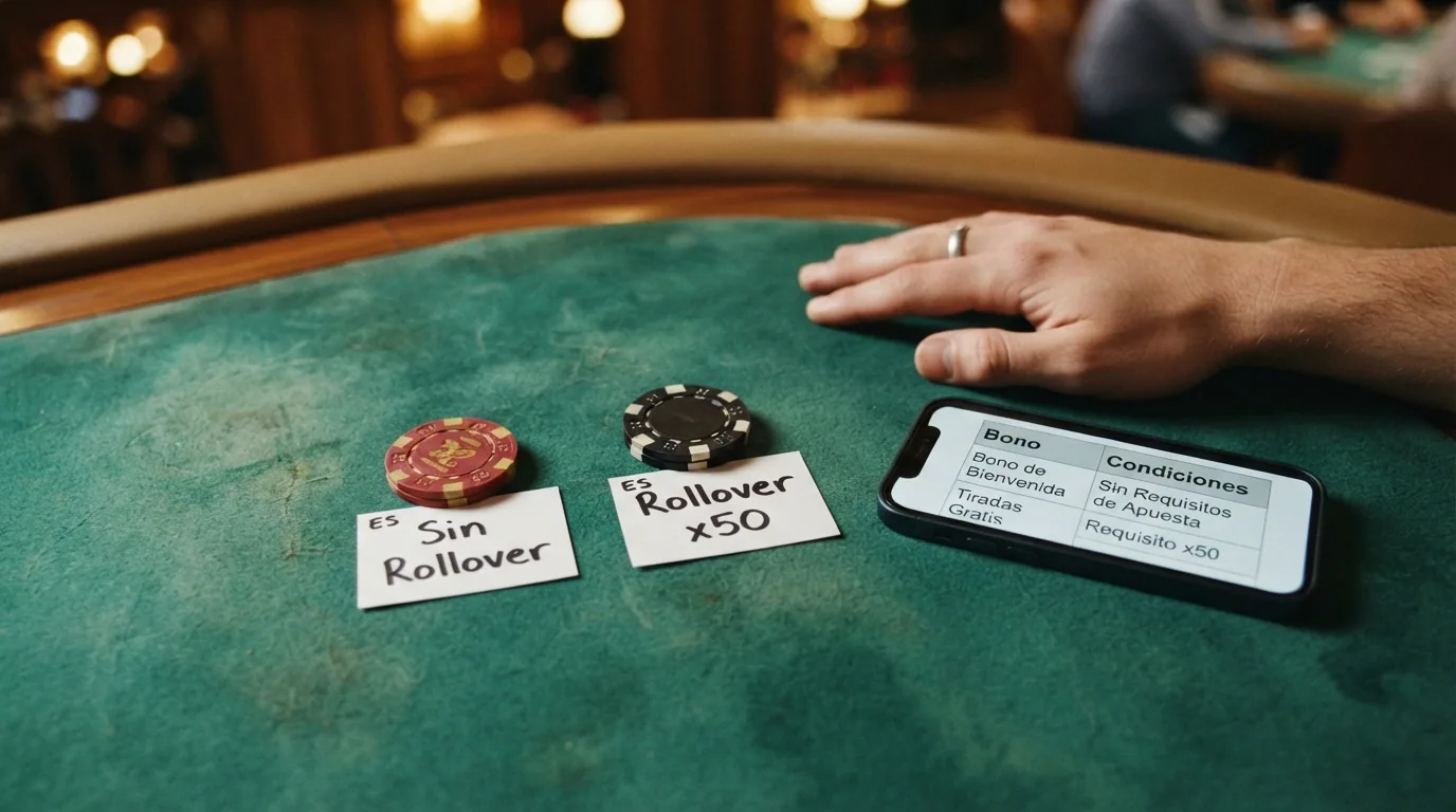 Dos fichas de bono de bienvenida una junto a otra: la primera muestra «sin rollover» y «sin límite de retiro», la segunda muestra «rollover x50» y «validez 3 días»