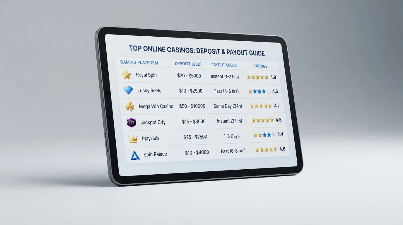 Una vista comparativa de las fichas de varios casinos online con sus logotipos, depósitos mínimos y puntuaciones