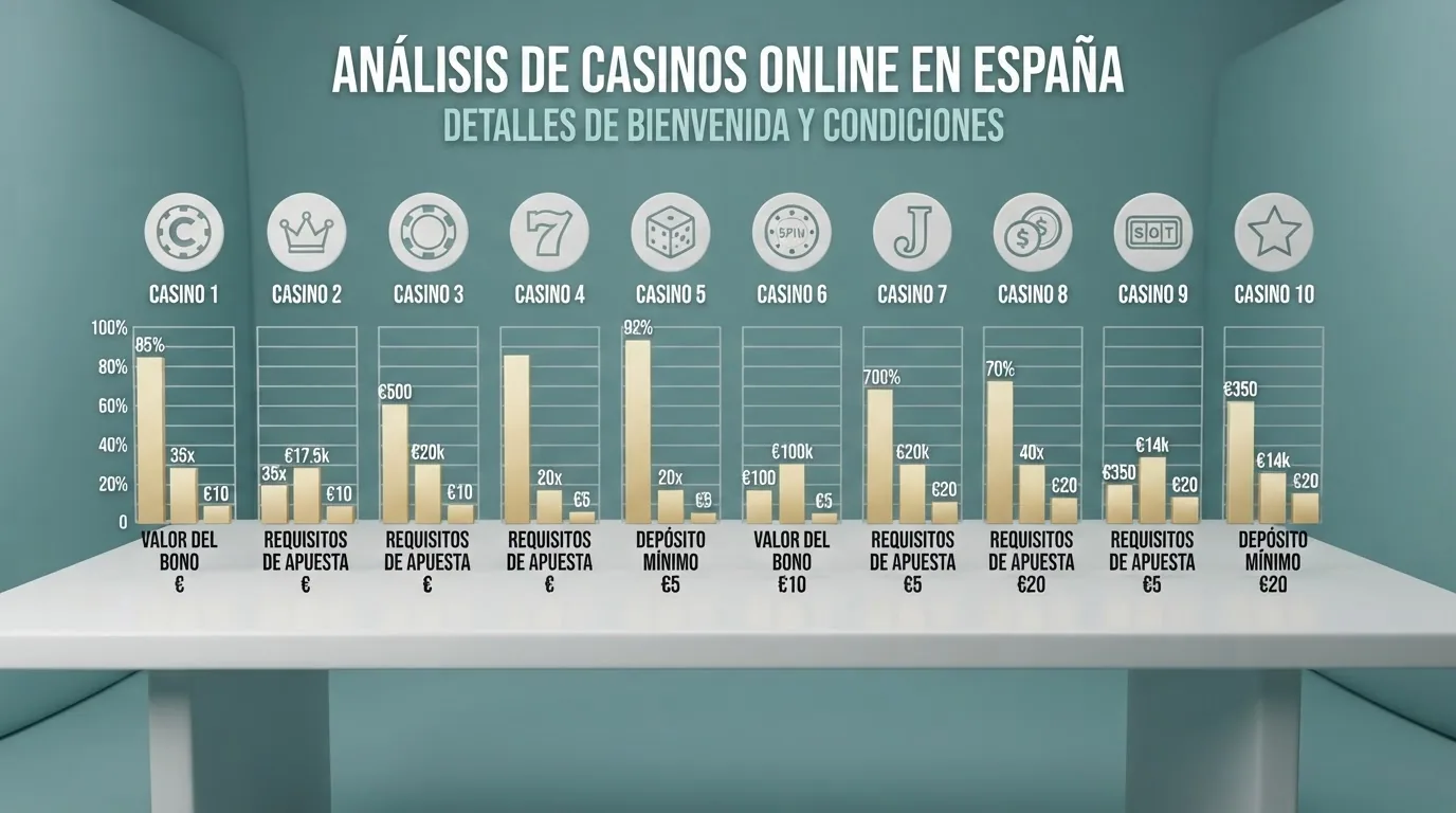 Tabla visual con los logotipos y las condiciones principales de los diez casinos comparados, ordenados por valor de su oferta