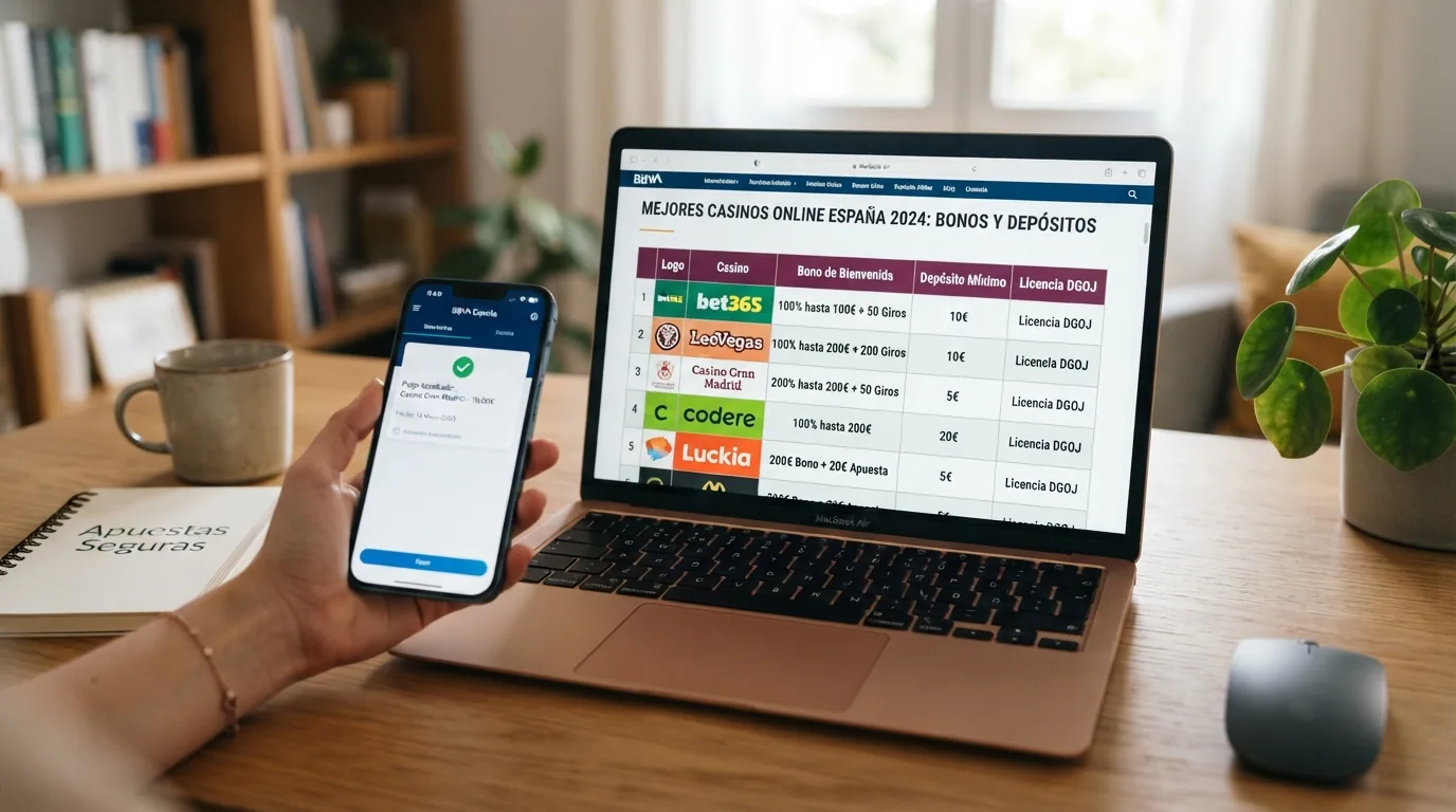 Tabla con los logotipos y datos principales de los diez casinos online analizados: licencia DGOJ, bono de bienvenida y depósito mínimo