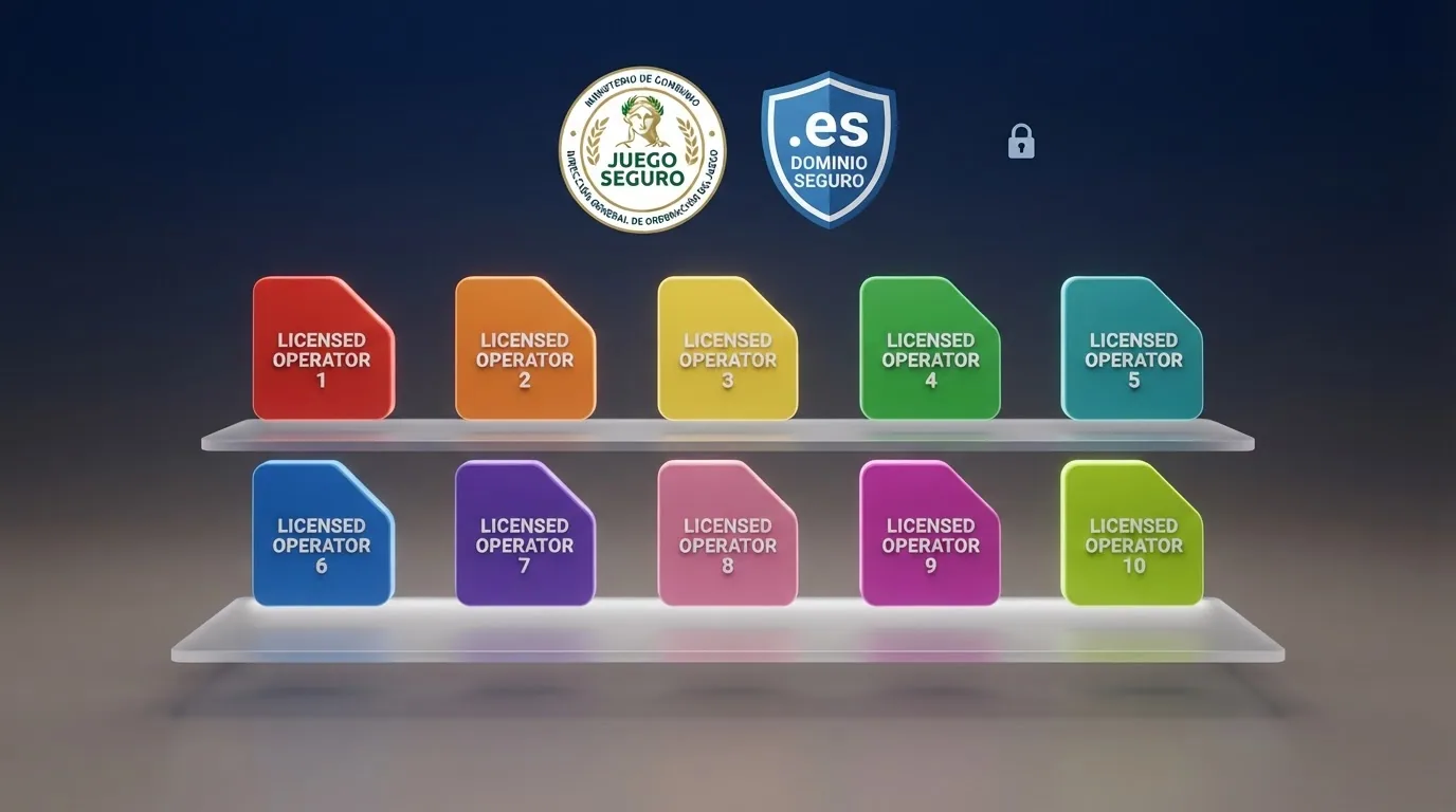 Una vista de los logotipos oficiales de los casinos con licencia DGOJ ordenados junto al sello de juego seguro y el dominio .es destacado