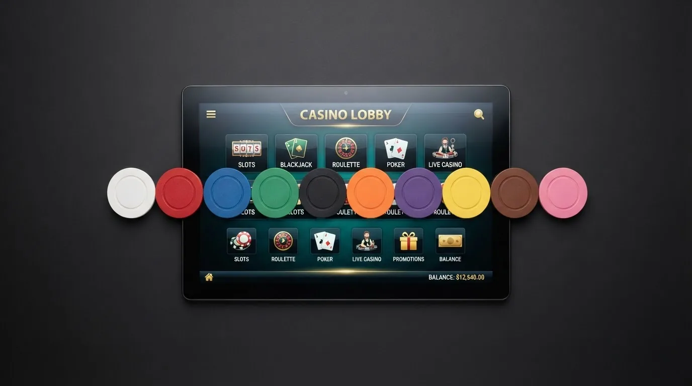 Una mesa de juego vista desde arriba con diez fichas alineadas, cada una de un color distinto, sobre una pantalla que muestra la interfaz de un casino online