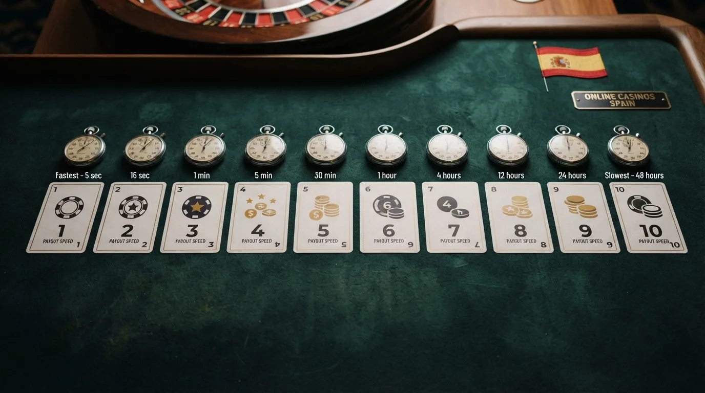 Diez tarjetas de casino alineadas en orden decreciente con un cronómetro y la bandera de España visibles
