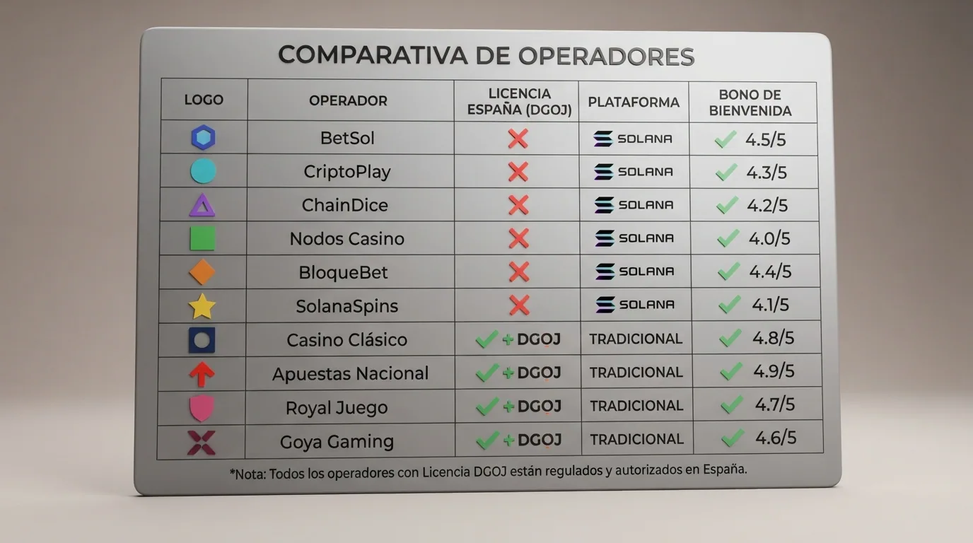 Tabla comparativa con los logotipos de los diez casinos analizados, divididos entre los que aceptan Solana y los que operan solo con licencia DGOJ