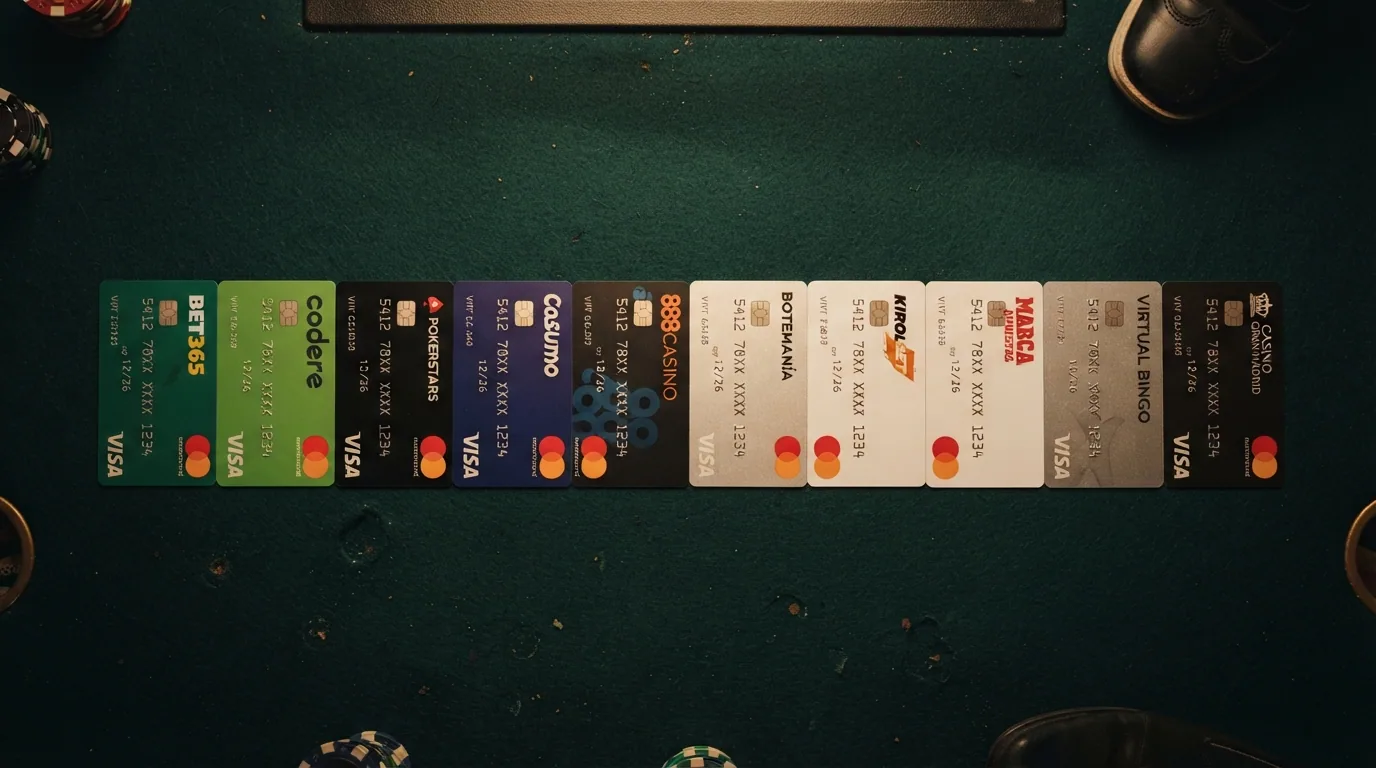Una fila de diez tarjetas de casino virtuales con los logotipos de los operadores destacados, ordenadas de izquierda a derecha, con iconos de Visa y Mastercard visibles en cada una