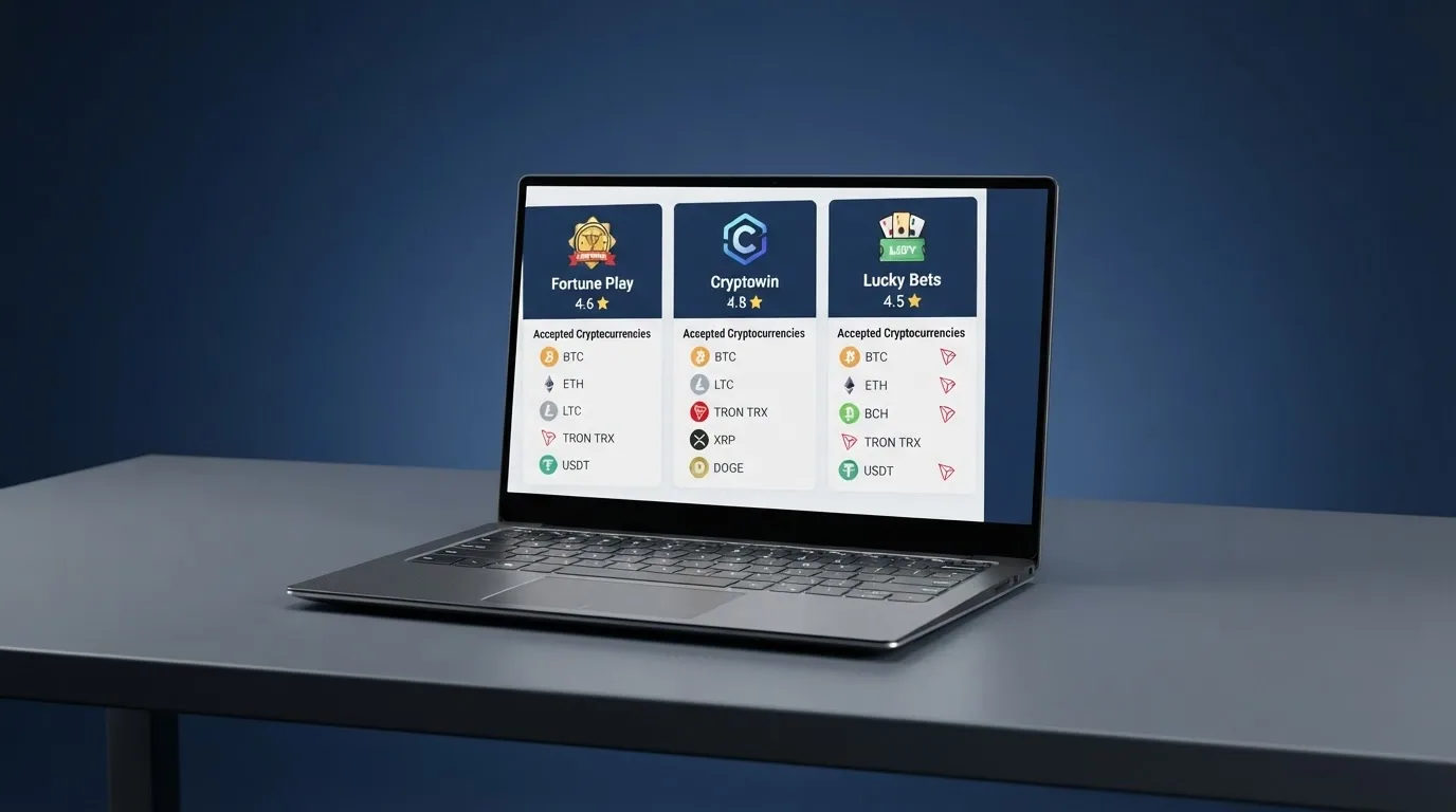 Pantalla dividida con las fichas de varios casinos online mostrando logotipos, estrellas de valoración y símbolos de criptomonedas aceptadas