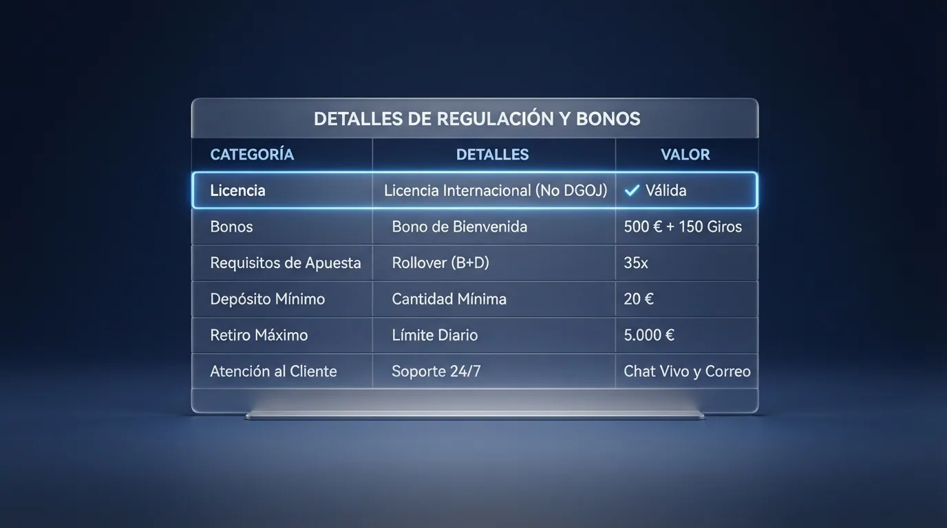 Tabla comparativa con filas de operadores y columnas de licencia, bono y requisito de apuesta