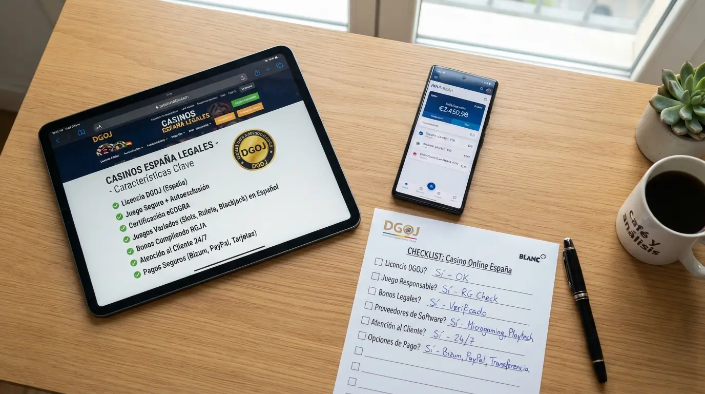 Vista cenital de un escritorio con varios dispositivos mostrando las fichas de los casinos analizados junto a la app de Revolut