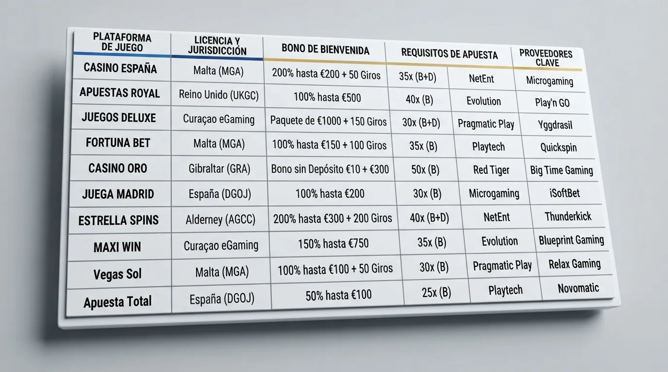 Tabla comparativa con los nombres de los diez operadores revisados, su jurisdicción de licencia, el bono de bienvenida, el requisito de apuesta y los proveedores de juegos principales