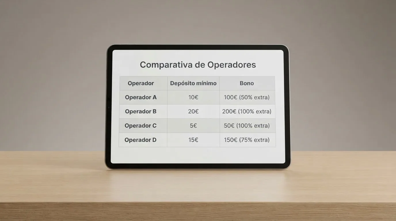 Captura o ilustración de una tabla comparativa con los logotipos de los 10 casinos DGOJ destacados ordenados por depósito mínimo