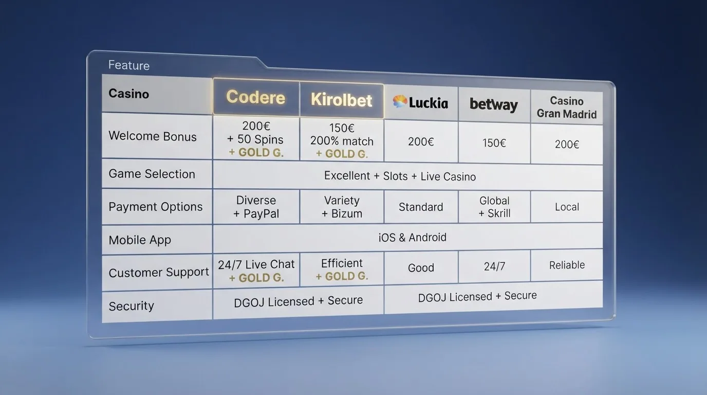 Captura parcial de una tabla comparativa con los logotipos de Codere y Kirolbet destacados junto a los de Bet365, Sportium, Luckia y Betfair