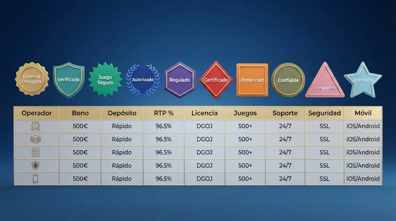 Logotipos de los diez casinos online analizados alineados sobre una tabla comparativa con sus datos principales de bono y depósito