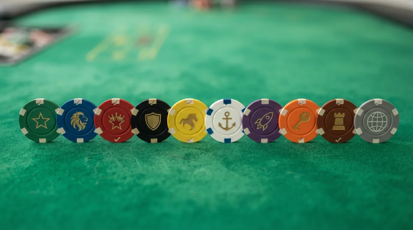 Diez fichas de casino ordenadas sobre un tapete verde, cada una con el logotipo de un operador distinto del panel y un símbolo de verificación junto a las que tienen Neteller confirmado