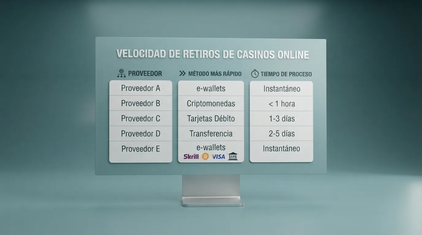 Tabla comparativa con los 10 operadores analizados, sus métodos de retiro más rápidos y los tiempos de procesamiento declarados