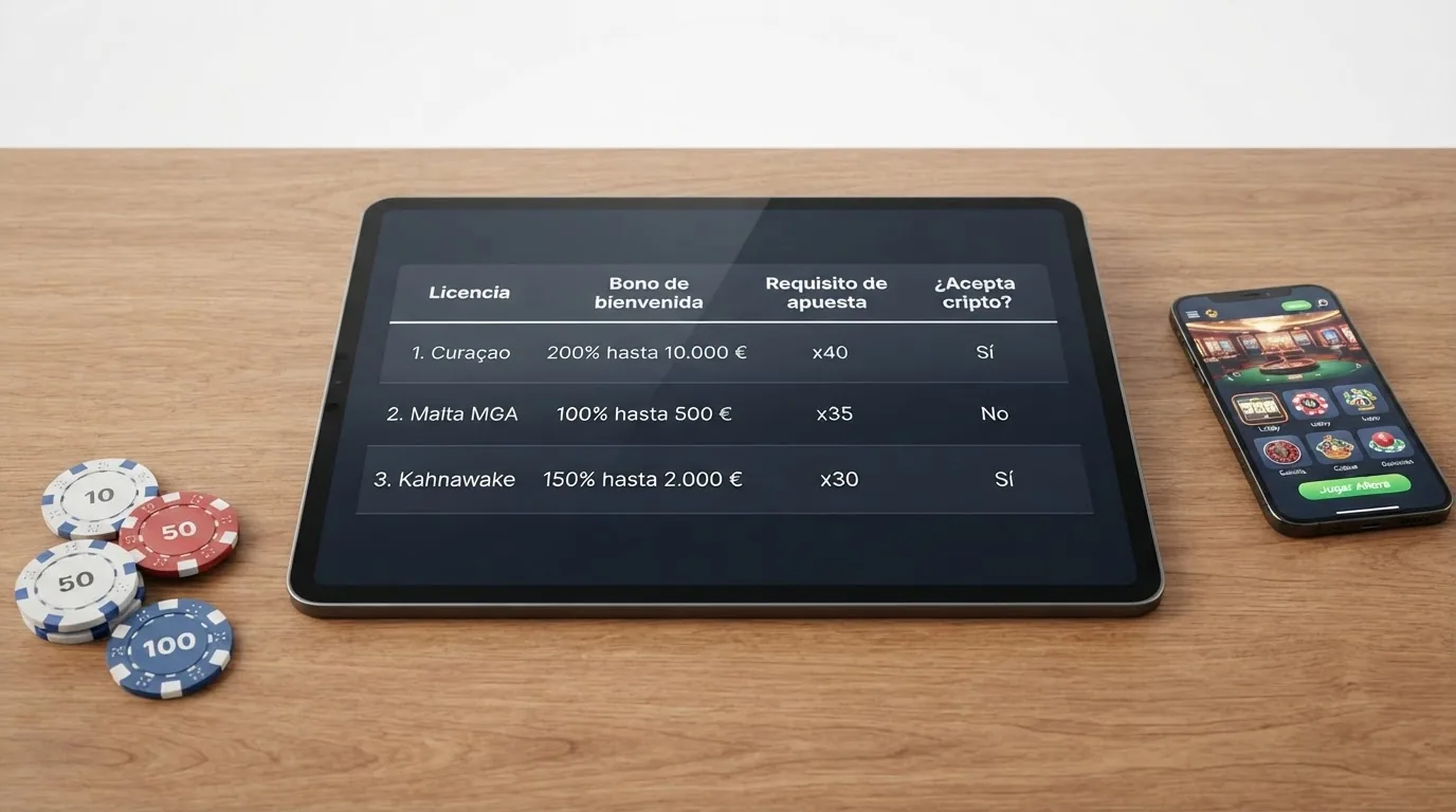 Una tabla comparativa con las licencias, los bonos y los requisitos de apuesta de los operadores destacados, ordenados por valor del bono