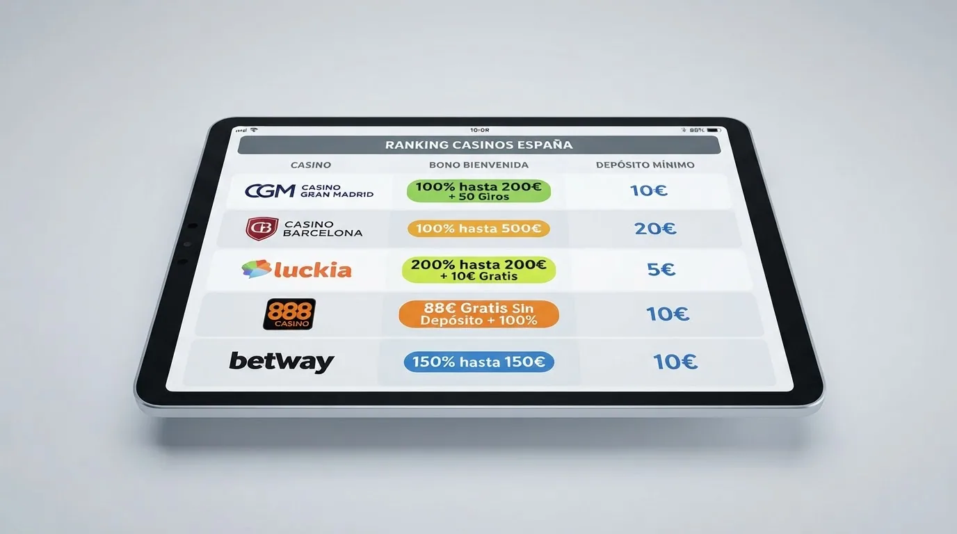 Una tabla comparativa con los logotipos de los diez casinos del ranking alineados junto a sus condiciones de bono de bienvenida y depósito mínimo con Skrill
