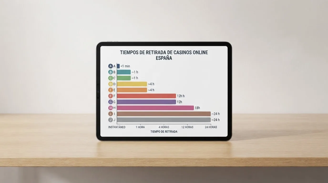 Gráfico de barras horizontales que compara el tiempo de retirada de diez casinos online españoles, desde «instantáneo» hasta «24 horas»
