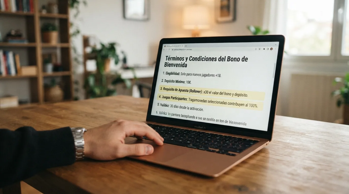 Pantalla de promoción de bono de bienvenida de un casino online con los términos y condiciones en letra pequeña