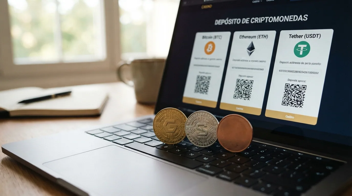 Una selección de monedas de criptomonedas (Bitcoin, Ethereum, USDT) sobre el teclado de un ordenador con la interfaz de un casino cripto de fondo