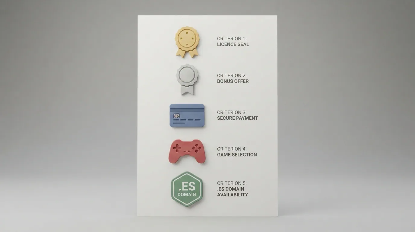Lista de verificación con iconos que representan los criterios utilizados: licencia, condiciones del bono, métodos de pago, catálogo de juegos y verificación de dominio .es