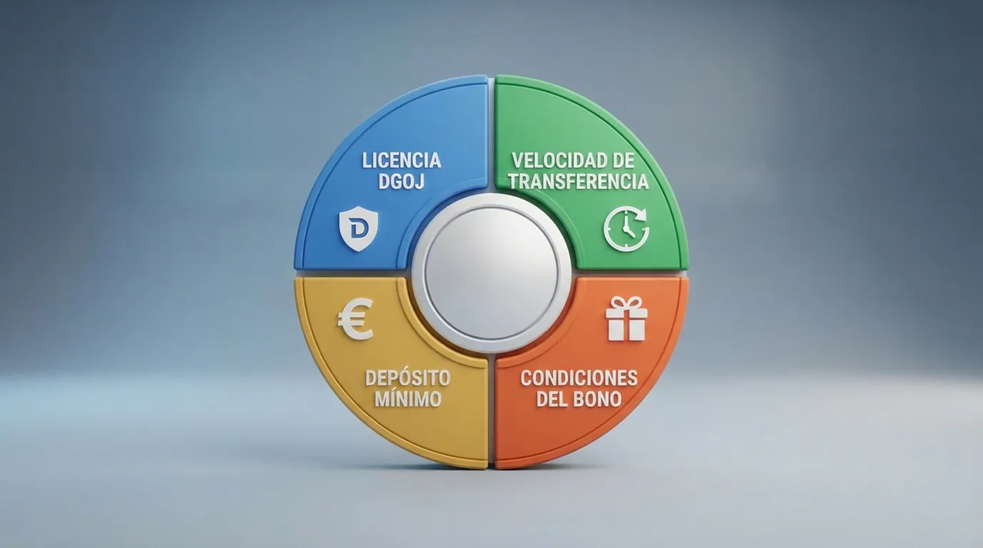 Representación visual de los criterios de evaluación aplicados: licencia DGOJ, velocidad de transferencia, condiciones del bono y depósito mínimo
