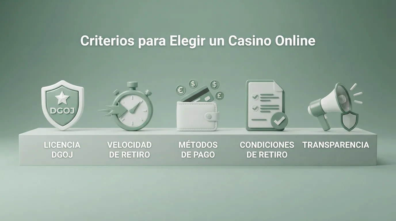 Representación visual de los criterios de evaluación aplicados: licencia DGOJ, velocidad de retiro, métodos de pago, condiciones de retiro y transparencia