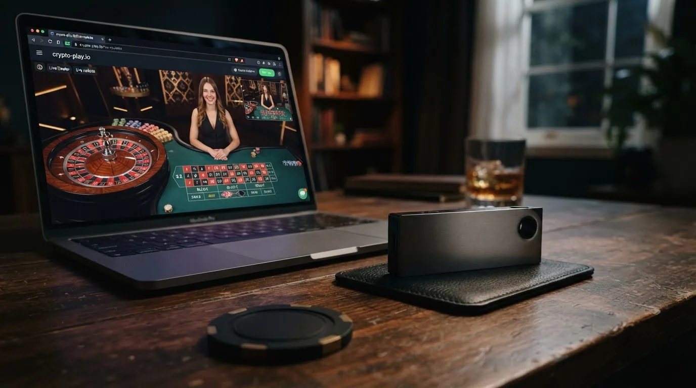 Monedero físico de criptomonedas junto a una pantalla con una ruleta de casino y el icono de una VPN activa en primer plano
