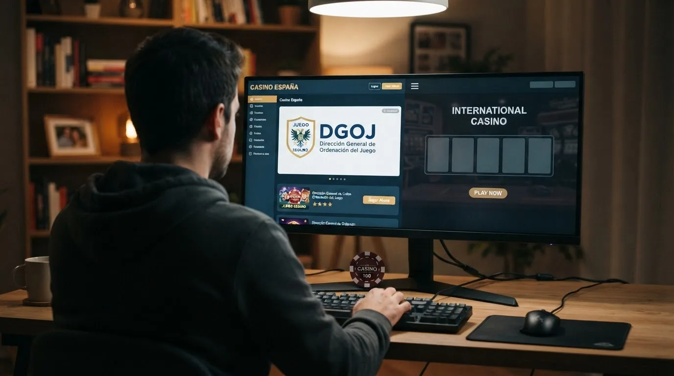 Un jugador ante una pantalla dividida: a un lado un casino con dominio .es y sello DGOJ, al otro un sitio sin distintivo de licencia