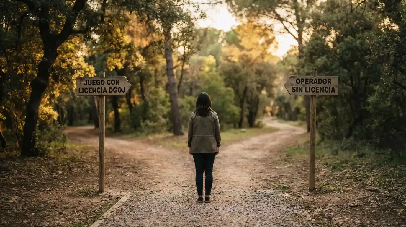 Bifurcación en un camino: un sendero señalizado como juego con licencia DGOJ con protecciones visibles y otro marcado como operador sin licencia con señales de advertencia