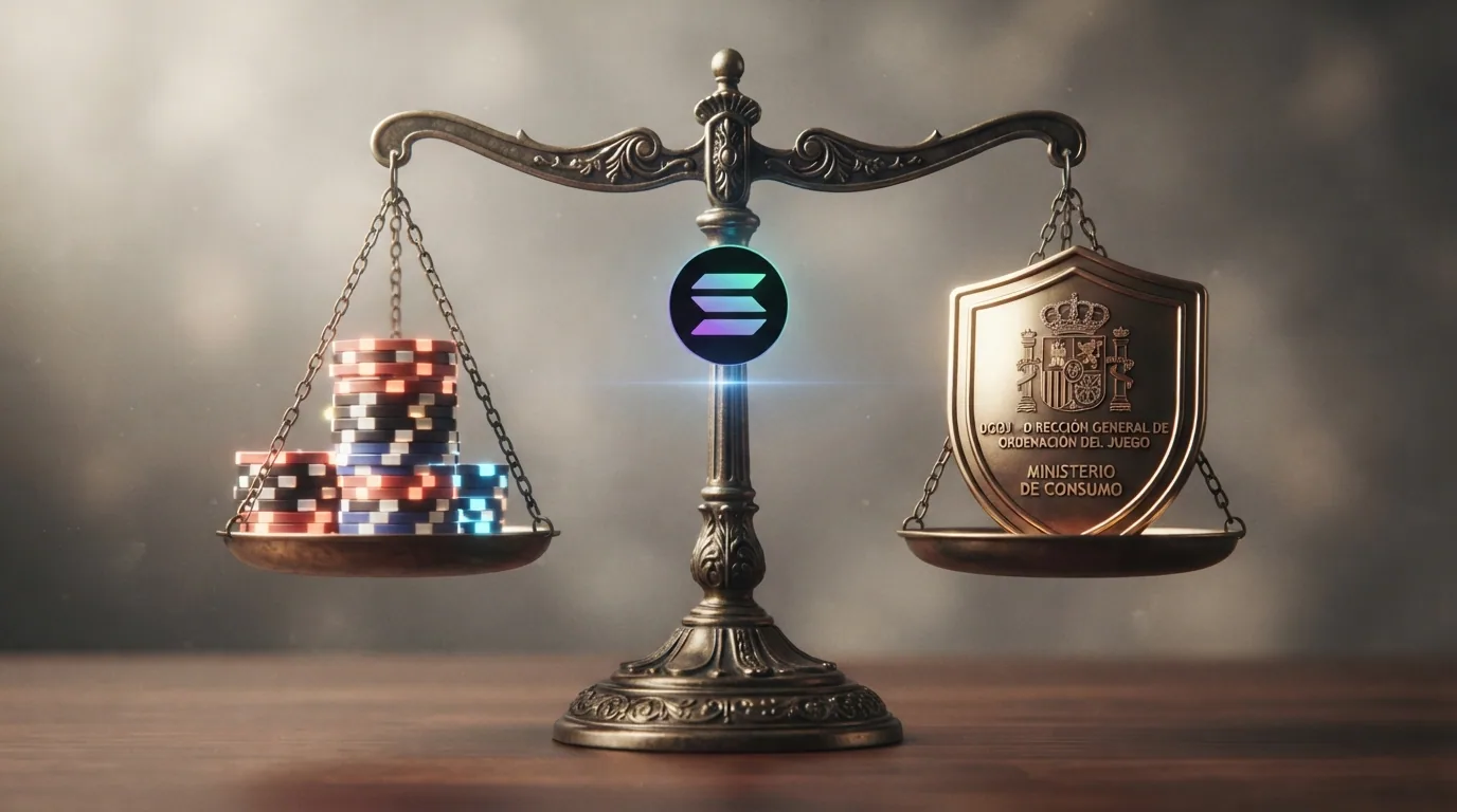 Una balanza con fichas de casino en un platillo y el escudo de la DGOJ en el otro, con el logo de Solana en el centro
