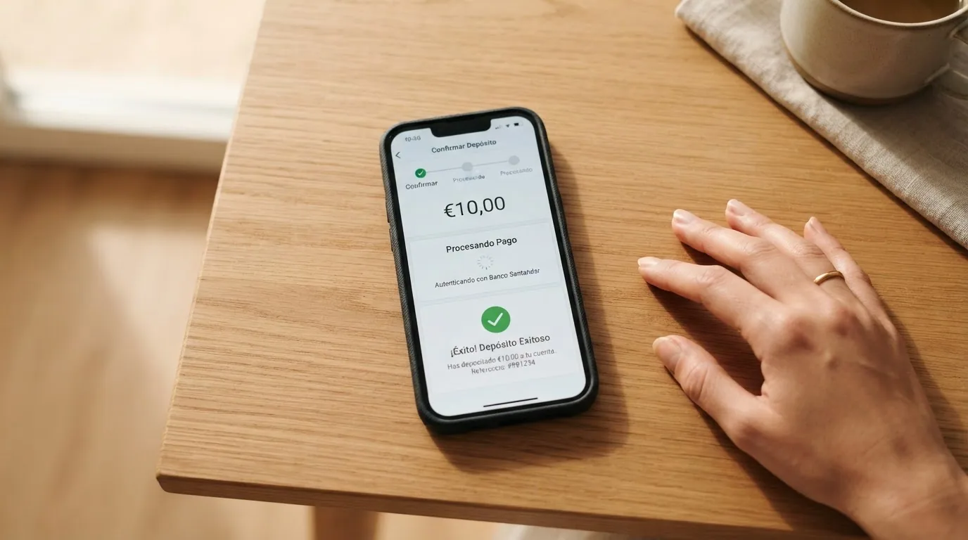 Móvil mostrando los pasos del proceso de depósito con Klarna Sofort: selección de importe, autenticación bancaria y confirmación