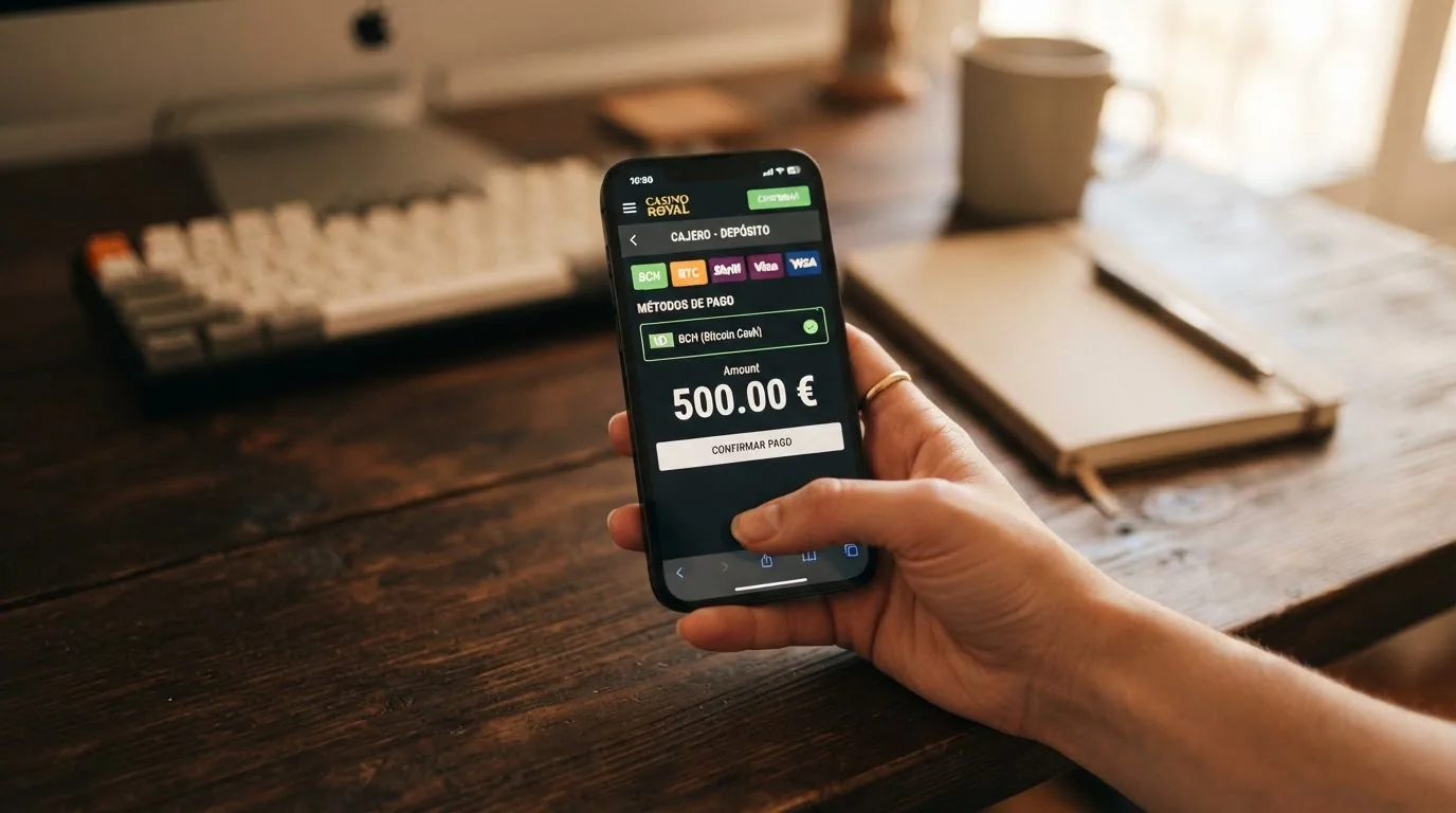 Pantalla de cajero de un casino online mostrando una dirección de depósito en Bitcoin Cash y el importe en criptomoneda antes de confirmar