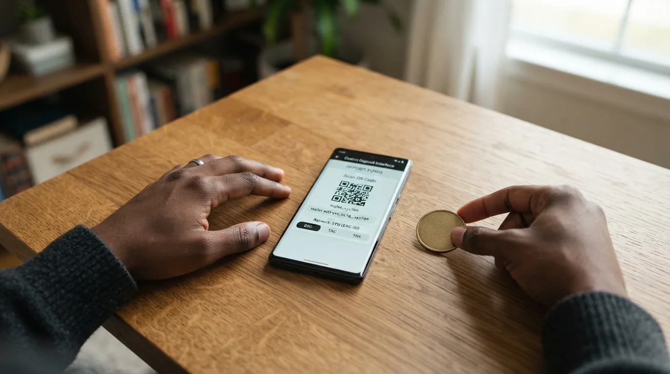Interfaz de depósito en un casino bitcoin: código QR, dirección BTC, selector de red (Lightning, on-chain) y un teléfono con wallet abierta