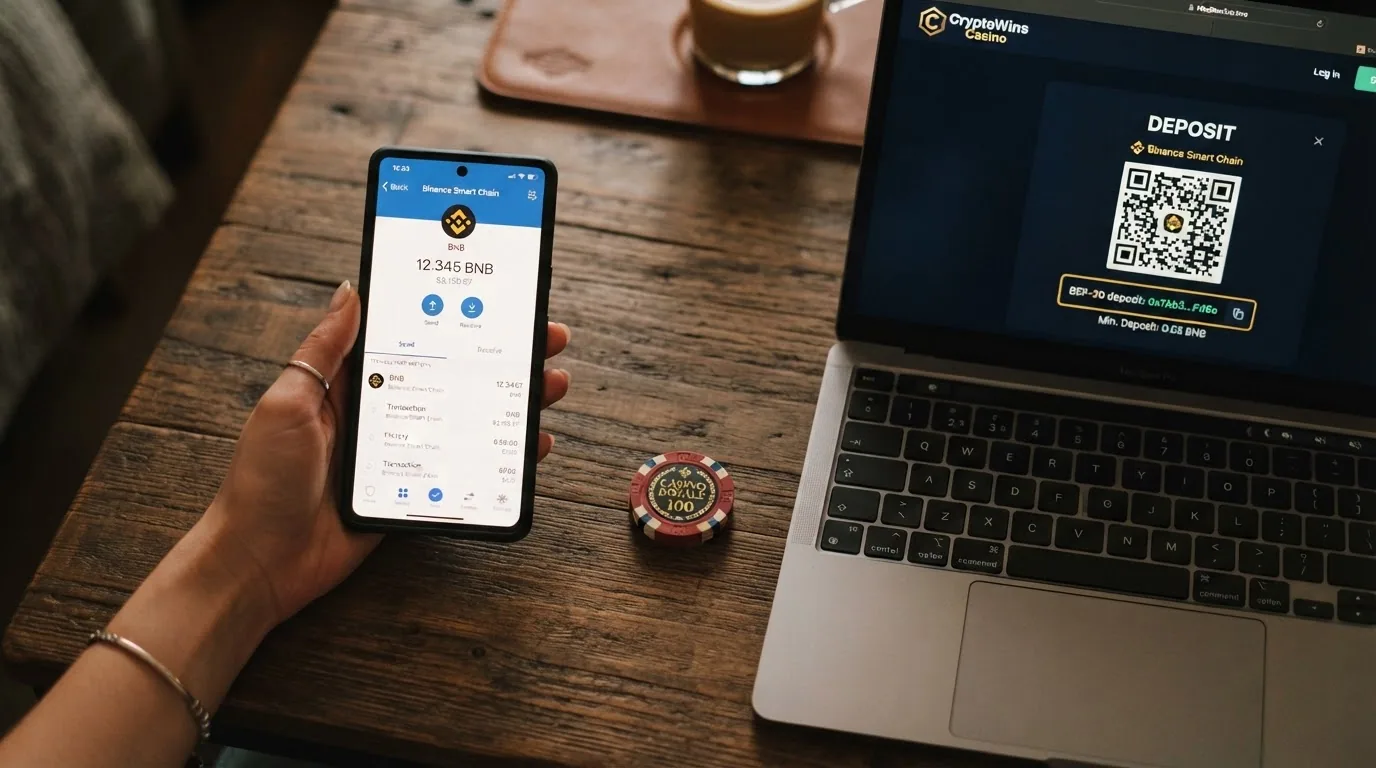 Pantalla dividida: a la izquierda una wallet con saldo en BNB, a la derecha la pantalla de depósito de un casino online con una dirección BEP-20