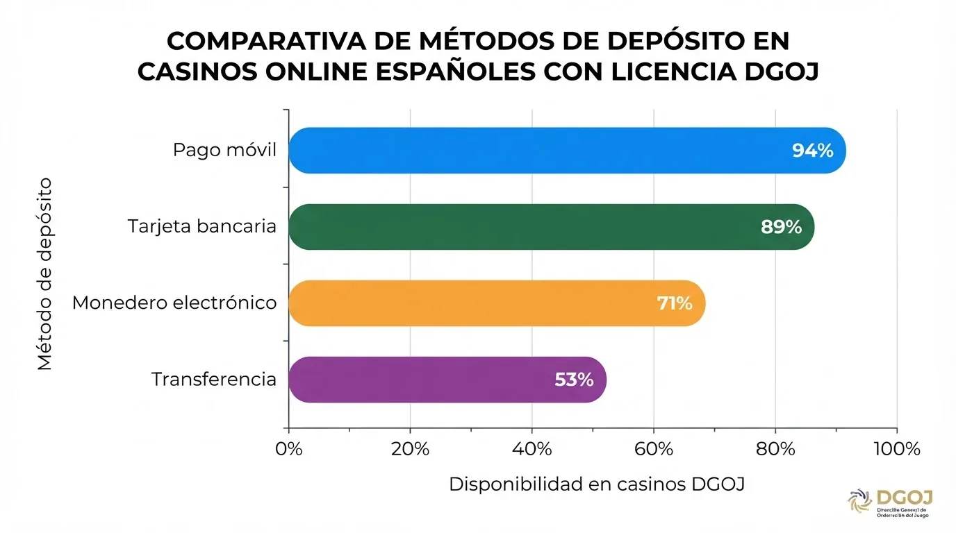Un esquema visual con los métodos de depósito disponibles en casinos DGOJ: Bizum, tarjeta bancaria, PayPal y transferencia