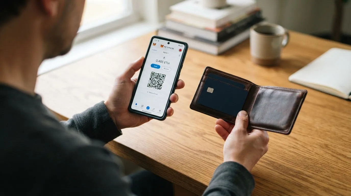 Un monedero físico de cuero abierto junto a un smartphone con la extensión MetaMask visible y un código QR en pantalla