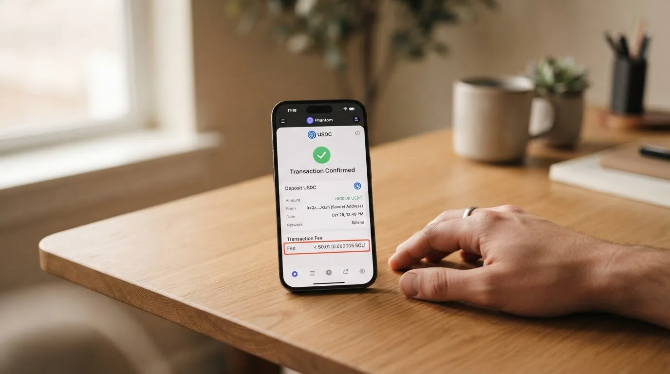 Pantalla de una wallet cripto mostrando una transacción de USDC en la red Solana con la comisión desglosada