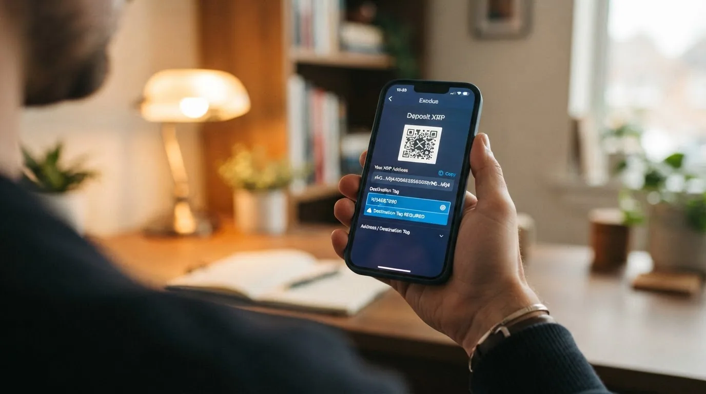 La interfaz de un monedero de criptomonedas mostrando el campo de dirección de envío y el campo de destination tag antes de confirmar una transacción en XRP