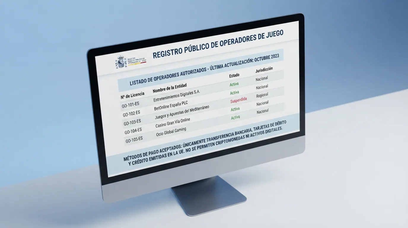 Captura parcial del registro público de operadores con licencia DGOJ en ordenacionjuego.es, donde ningún casino autorizado lista criptomonedas como método de pago