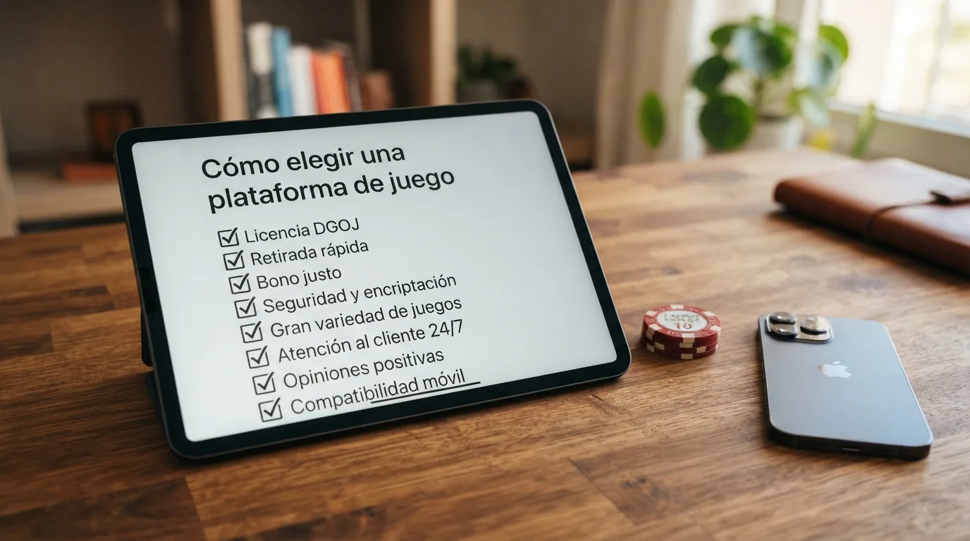 Una lista de verificación visual con los criterios esenciales: licencia, retirada, bono y depósito mínimo, junto a un iPhone