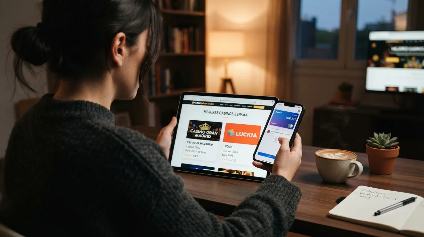 Jugadora sentada en un sofá con una tableta en una mano y el móvil con Revolut en la otra, evaluando dos fichas de casino en pantalla