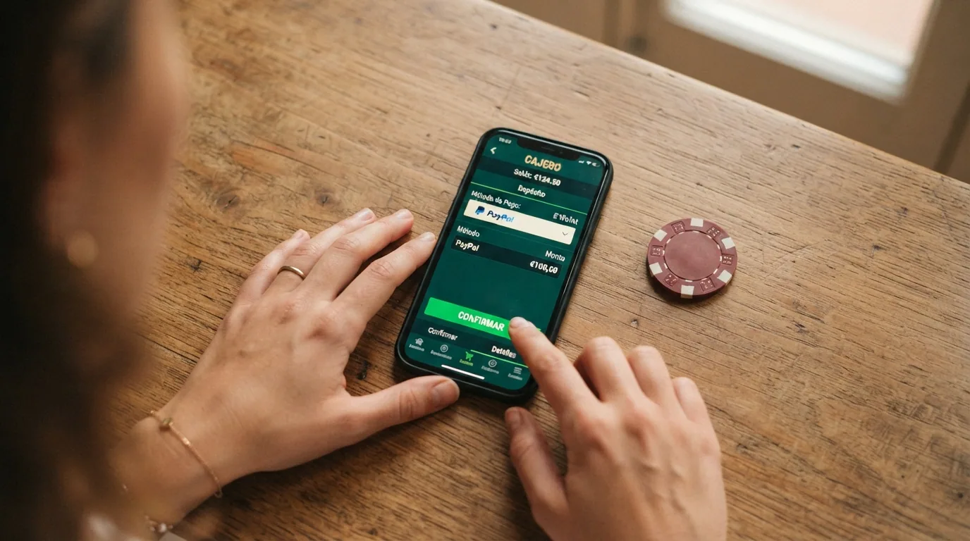 Pantalla de caja de un casino online español con PayPal seleccionado como método de pago y el campo de importe abierto