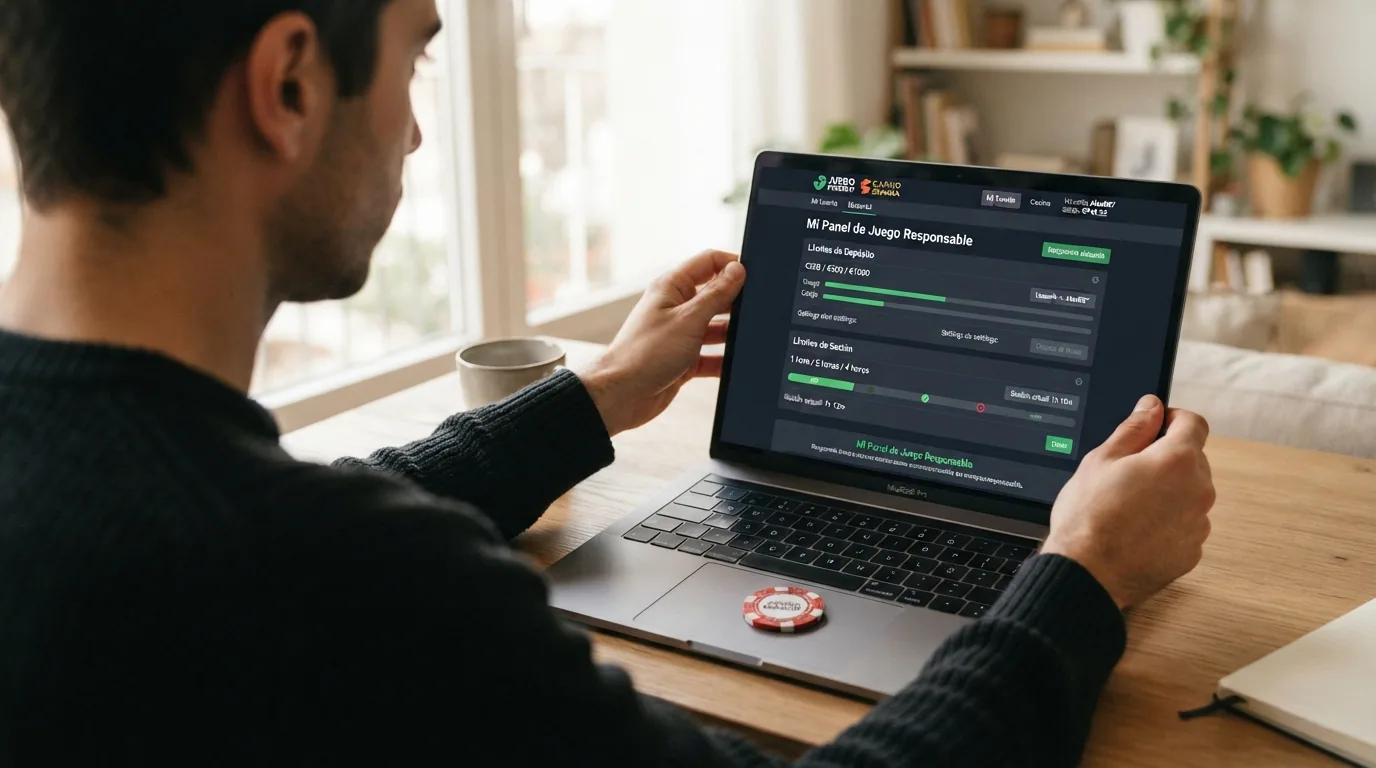 Panel de configuración de una cuenta de casino online donde el jugador ajusta sus propios límites de depósito, sesión y apuesta