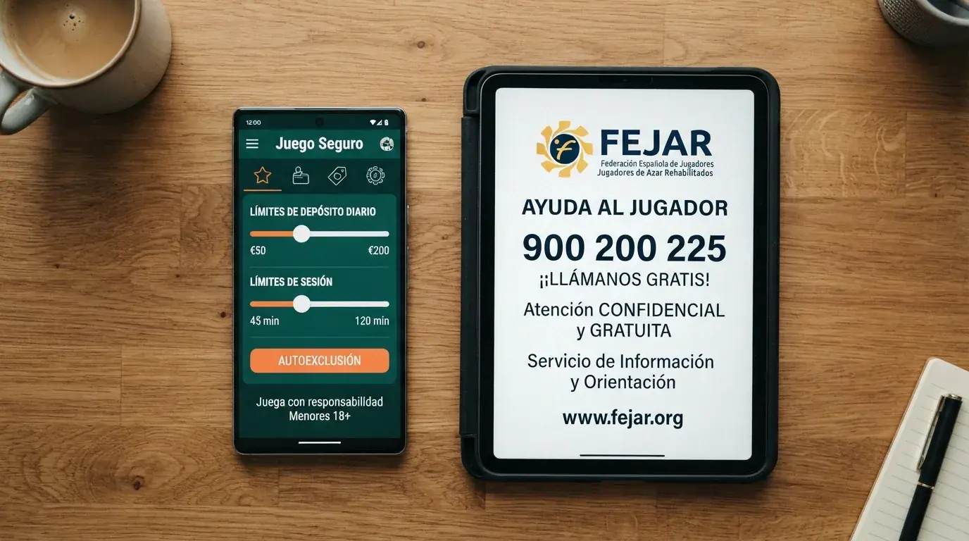 Pantalla de móvil mostrando la sección de «Juego seguro» de un operador DGOJ con los controles de límite de depósito diario, límite de sesión y botón de autoexclusión visibles, junto a un teléfono con el número 900 200 225
