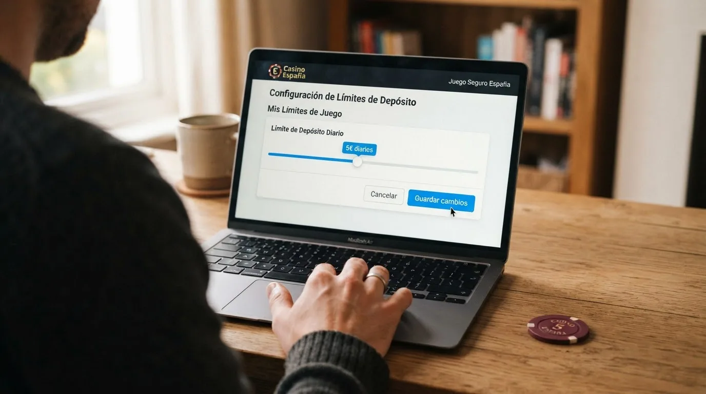 La pantalla de configuración de límites de depósito de un casino online, con el deslizador situado en 5€ diarios y el botón de «guardar cambios» visible, junto al logotipo del RGIAJ.