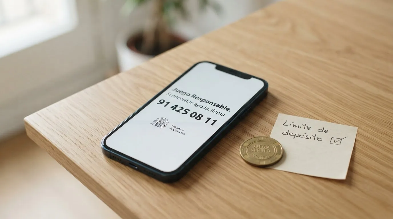 Icono de límite de depósito junto a un teléfono con el número 91 425 08 11 en pantalla y el logotipo de la DGOJ