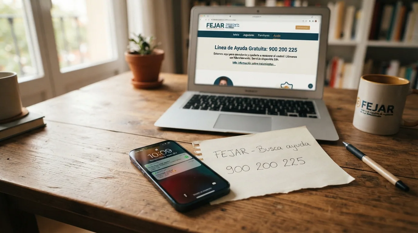 Teléfono fijo junto a una nota manuscrita con el número 900 200 225 sobre una mesa con la web de FEJAR abierta en un portátil